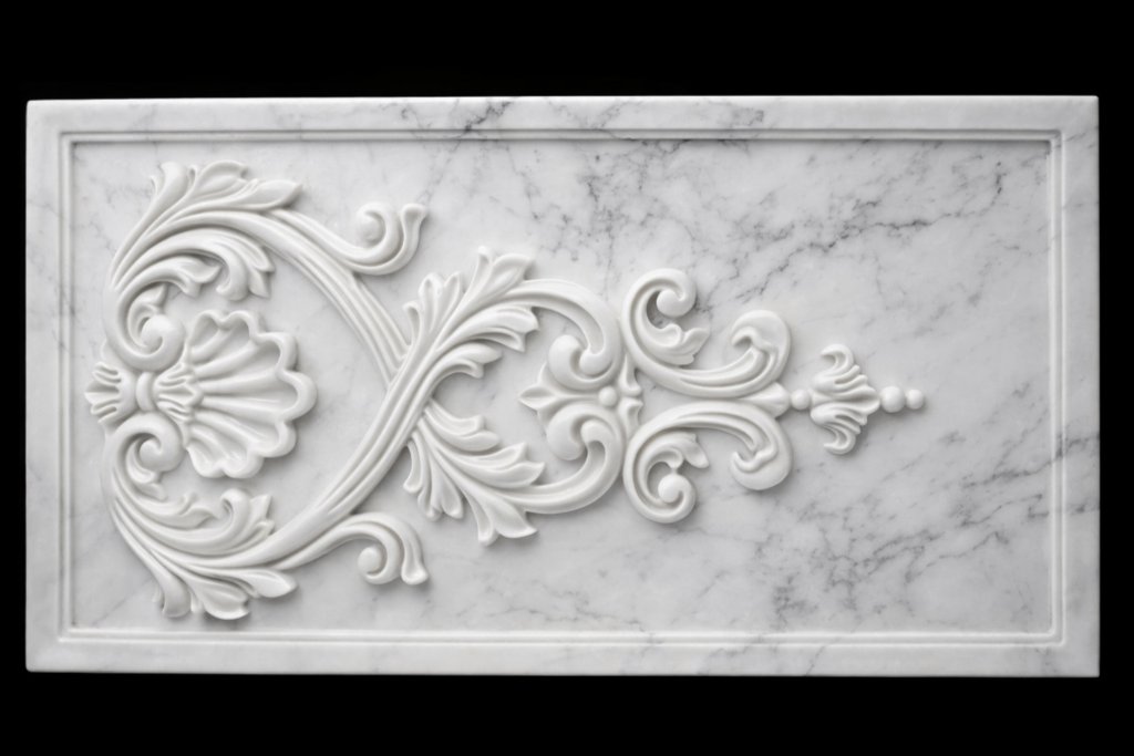Hand-carved Makrana marble relief panel by Carved by Makrana