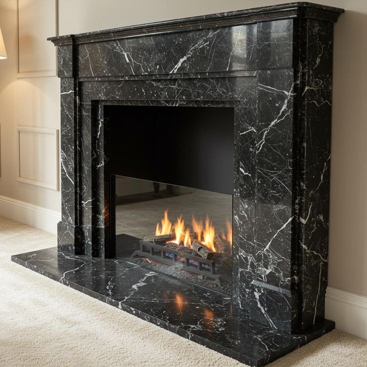 Black Marble Fireplace — Hand-carved Makrana Marble Fireplace