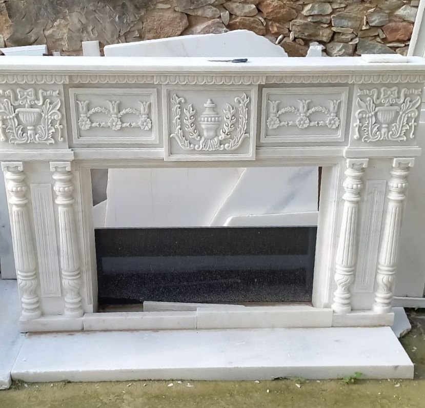 Classic White Marble Fireplace — Hand-carved Makrana Marble Fireplace