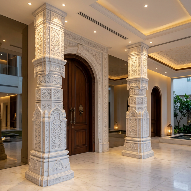 Temple Entrance Pillars — Hand-carved Makrana Marble Home Temples