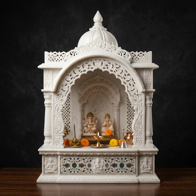 Compact Puja Altar — Hand-carved Makrana Marble Home Temples