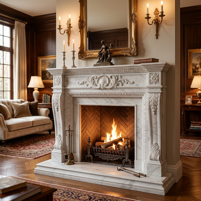Fireplace Mantle — Hand-carved Makrana Marble Fireplace