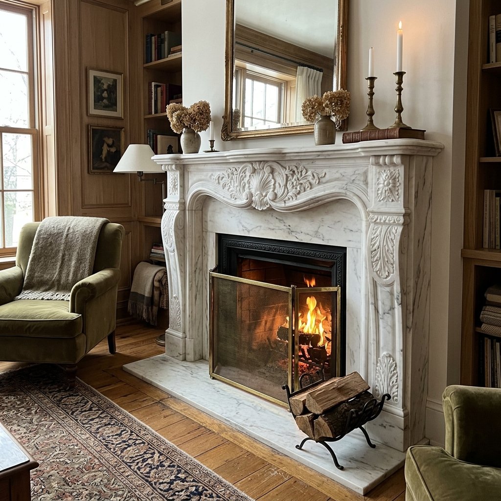 Fireplace Mantle — Hand-carved Makrana Marble Fireplace