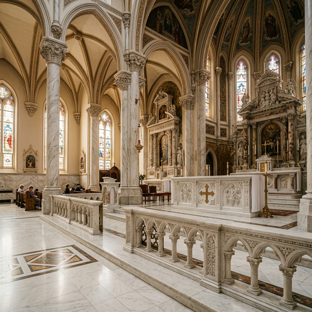 Church interior with carved Makrana marble altar, communion rail, and polished floors — Carved by Makrana