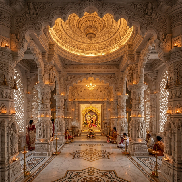 Grand Hindu mandir interior with CNC-carved Makrana marble panels and Jali screens — Carved by Makrana