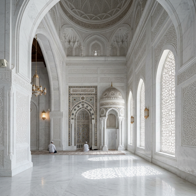 Mosque interior with CNC-carved marble mihrab and arabesque panels — Carved by Makrana